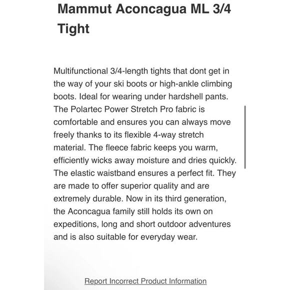 Mammut Womens Aconcagua ML Tights 3/4 Black Base Layer Sz XS Slim Fit Cozy NWT - Picture 15 of 16